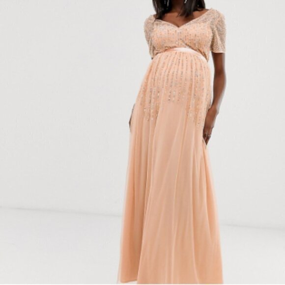 Maya Deluxe Maternity Mesh All Over Scattered Sequin Dress in Soft Peach sz 4 - Picture 1 of 9